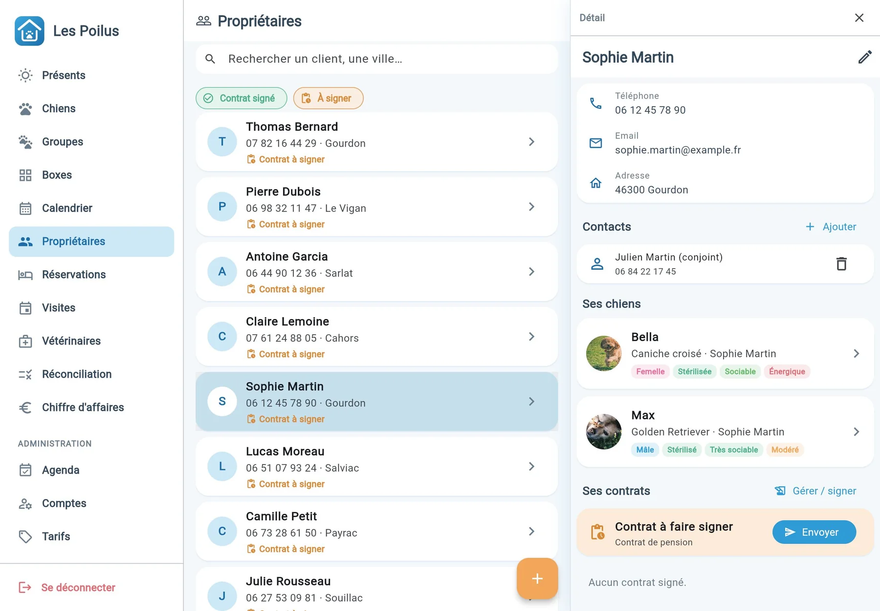 Fiche client : contacts, chiens, et contrat à faire signer avec envoi du lien de signature