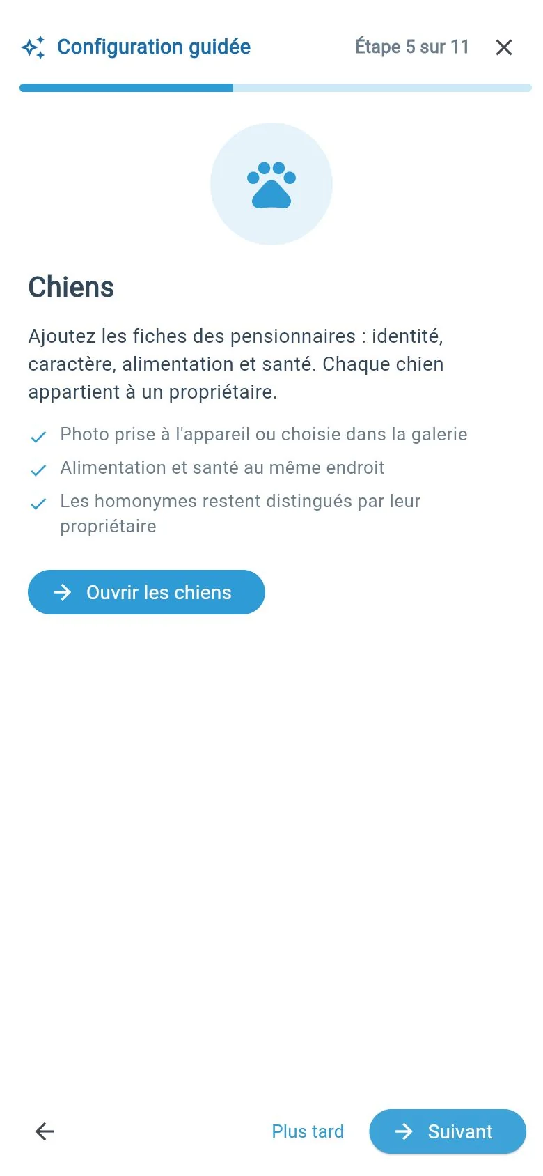 Le même parcours guidé en plein écran sur mobile, à l'étape Chiens
