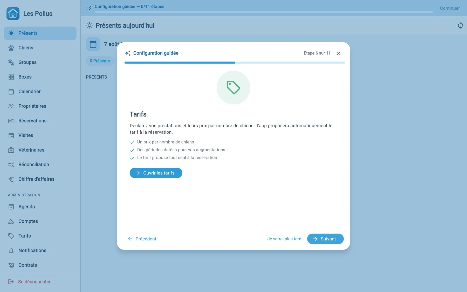 Le parcours guidé s'ouvre en fenêtre au-dessus du back-office web, à l'étape Tarifs